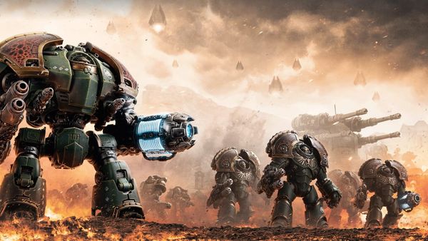 A Horus Heresy illustration showing some Saturnine Terminators and a Saturnine Dreadnought