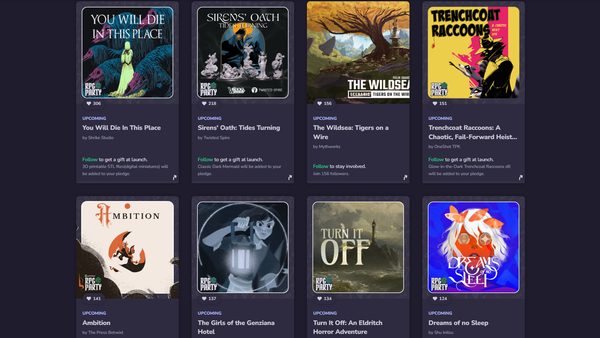 Eight rectangular game listing on a dark purple website page. Each have their own art, title, and information box.