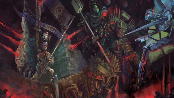 An illustration of several mechs engaged in brutal combat.