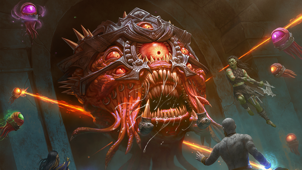 A group of adventurers battle Xorannox the Tyract, an enormous Overmind, and numerous colorful, beam-shooting psionic eyes.