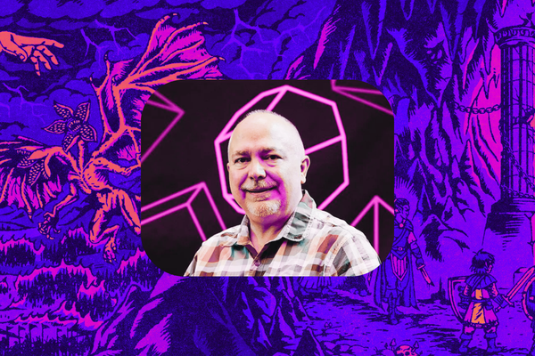 Photo of Peter Adkinson backlit by pink polyhedrals on black, in the middle of a pink-and-purple pastiche of fantasy illustrations