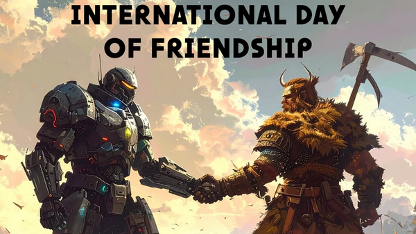 An image of two figures shaking hands, one in sci-fi armour, the other in furs, leathers and chain. They both have two right hands.