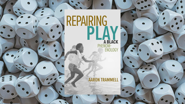 Cover for Repairing Play book, featuring children running on a beach. Background is a pile of black and white dice.