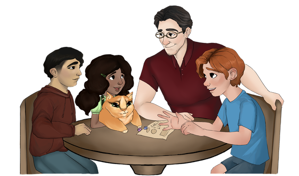Family playing Adventuring Family tabletop RPG together at home.