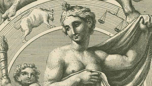 Classical-style illustration of two figures with constellation figures in the background. (Left) cherubic figure with torch. (Right) Naked feminine figure draped in cloth.