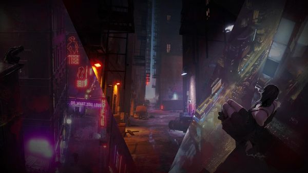 triptych of urban streets at night. Leftmost lit by purple and red neon, center showing a grimy alley, rightmost a woman perches over the side of a tall building