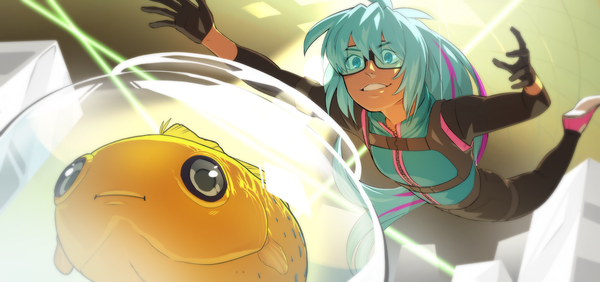 A thief with long, light blue hair and glasses, hanging from the ceiling from wires Mission Impossible-style as they prepare to steal a goofy-looking yellow fish in a fishbowl