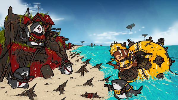 An illustration of two small groups of cute anthropomorphic sharks fighting on a beach.