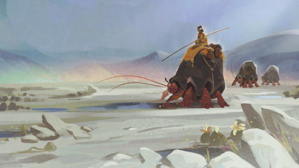 Illustration of a figure in yellow riding a massive crab creature across a white, rocky plain.