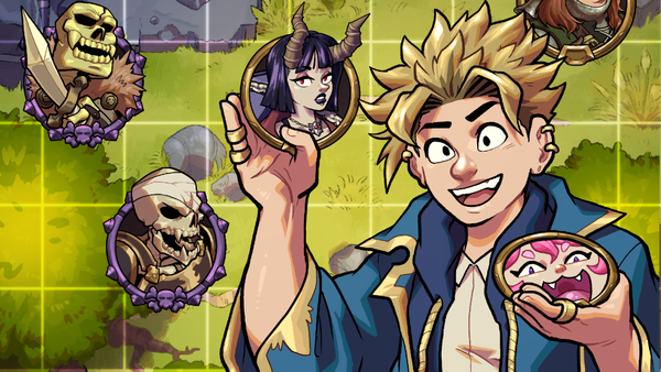 A D&D-style battlemap with skeleton tokens on it. A  wizard man is manipulating it by moving around two hero tokens: a pale emo-looking tiefling and a grinning woman with pink hair.