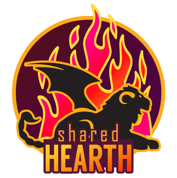 Logo for the Shared Hearth Online TTRPG Con which has a sweet manticore in front of wicked flames. 
