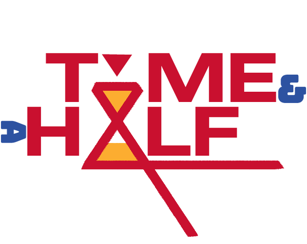 Red text that reads Time & A Half, with the I and A stylized as an hourglass filled with yellow. The ampersand and capital "A" are blue. 