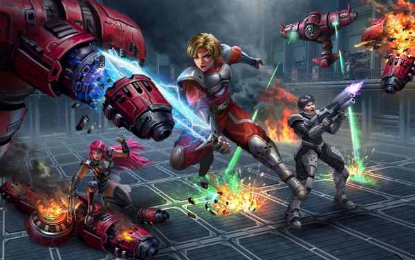 Chaz, Rika, and Wren fight robots aboard a space station.