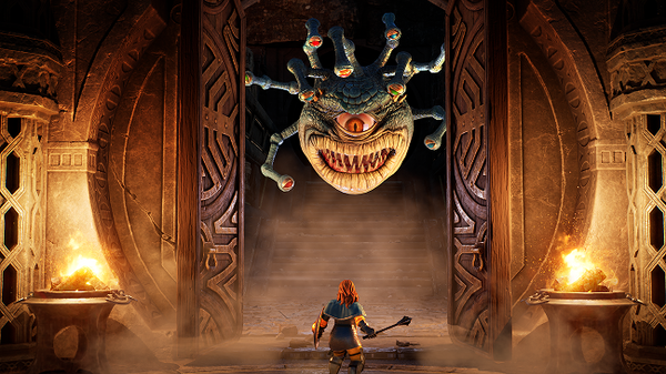 A screenshot from SIGIL showing a single fighter with red hair and a blue tunic holding a mace facing down a many-eyed, disgruntled Beholder.