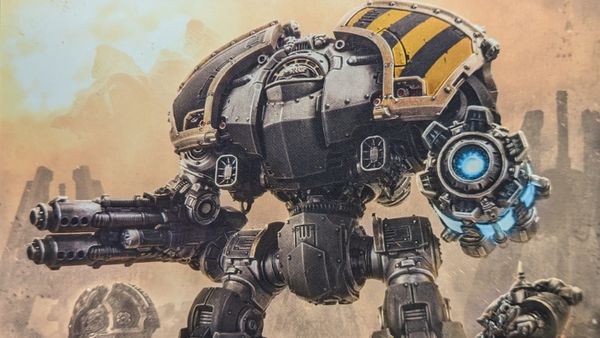 An illustration of a Saturnine Dreadnought painted in the colors of the Iron Warriors.