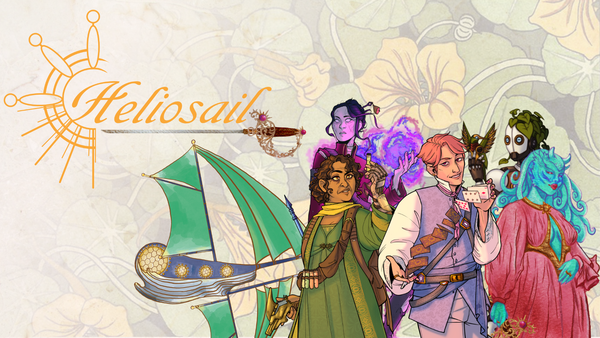 A group of characters including an alien, a robot, and three humans. They are standing in front of a stylized plant pattern. "Heliosail" logo is to the left.