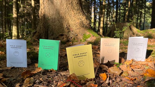 Five colourful zines (blue, green, yellow, brown and grey) arranged around the bottom of an autumnal tree, each with a different circular symbol and the title 'Field Agent Handbook'