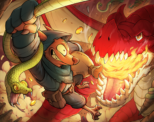 A detailed cartoon-y illustration of a cloaked kobold swinging from a snake, while underneath, a red dragon gathers fire in its maw to try and roast the grinning thief.