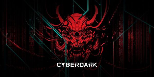 Red cybernetic demon skull with digital glitch effects and the text CYBERDARK.