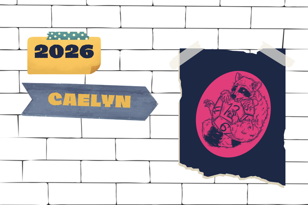 An image of a picture of a raccoon holding a D12 taped to a white brick wall. There's text that reads "2026" and "Caelyn"