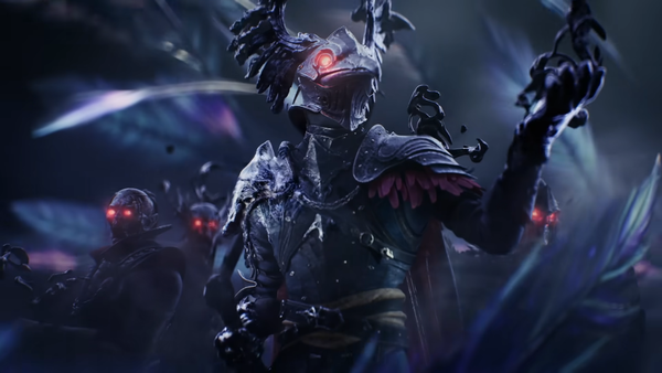 A still from the WARLOCK teaser showing a group of humanoid specters with red glowing eyes, led by one in a winged raven helmet
