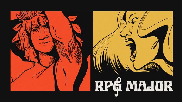 A pair of lineart images: First a woman with flower crown & floral tattoo, a look of melancholy in her eyes. Second,  a closeup of a glamorous woman shouting, eyes full of passionate anger.