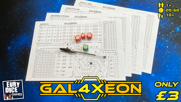 Promo image for Gal4Xeon show game company logos, printed sheets with pen and dice and 'Only £3'