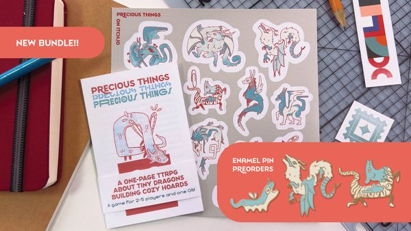 A photo of the bundle of Precious Things and its Sticker sheet with Text "New Bundle!!" and "Enamel Pin Preorders"