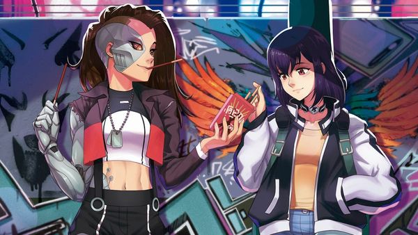 Two women lounging on a graffiti-covered wall and sharing pocky. One is a cyborg with a cool jacket and an undercut. The other has a varsity jacket and a guitar strapped to her back.