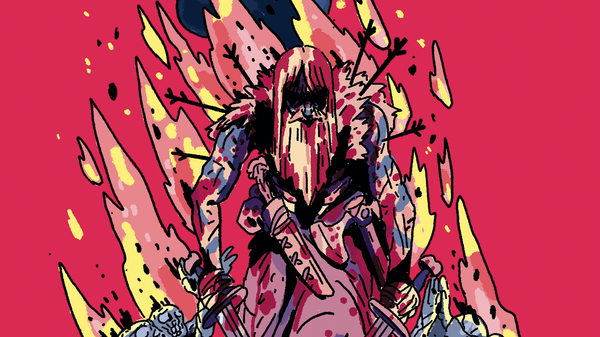 Part of the cover illustration for Runecairn, showing a bloodied Viking warrior on a bright pink background.