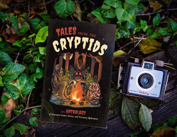 A vintage camera and the book lay on a bed of ivy. On the book cover, Mothman tells a campfire story.