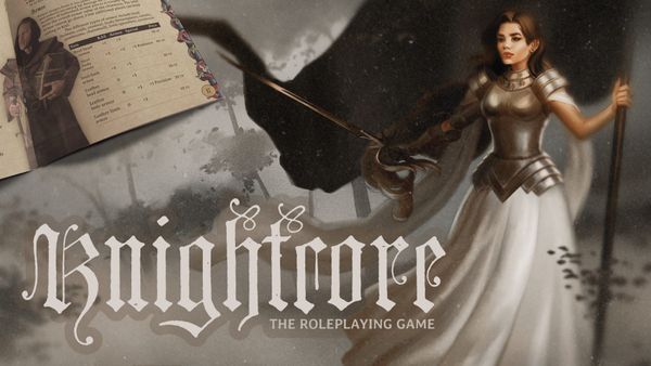 "Knightcore" in big letters, an illustration of a woman in a steel breastplate and long, white dress.