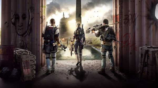 Part of the cover of The Division 2, showing three heavily armed agents in a ruined Washington, DC.