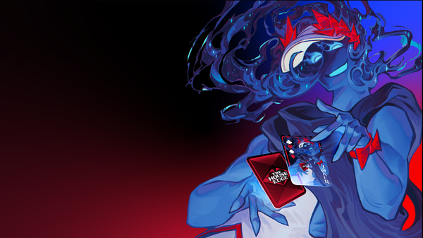 An illustration of an androgynous blue figure grinning while manipulating "The House Edge" cards.