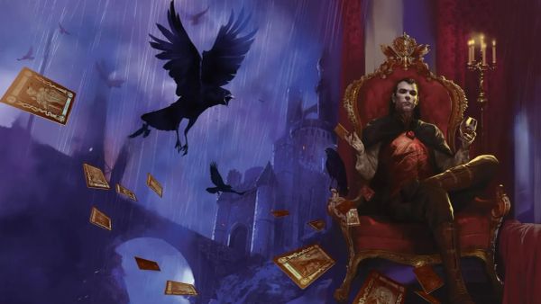 An illustration of the vampire Strahd, sitting on a fancy chair, holding a drink and looking cunty.