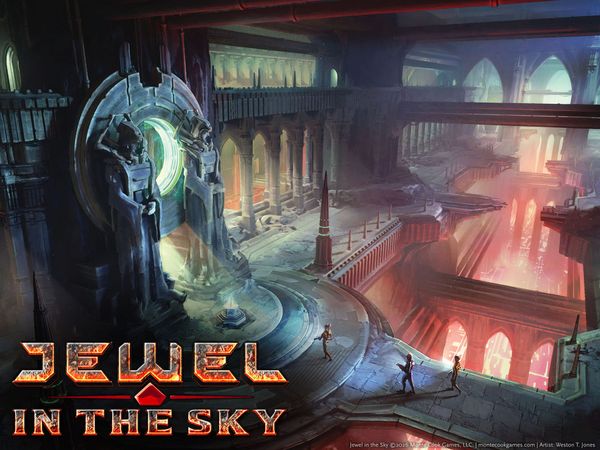 3 explorers cross on of the intact bridges in this vast, multi level, cloistered hall, marvelling at the statues and illuminated crystal pyramid on the massive dais ahead of them