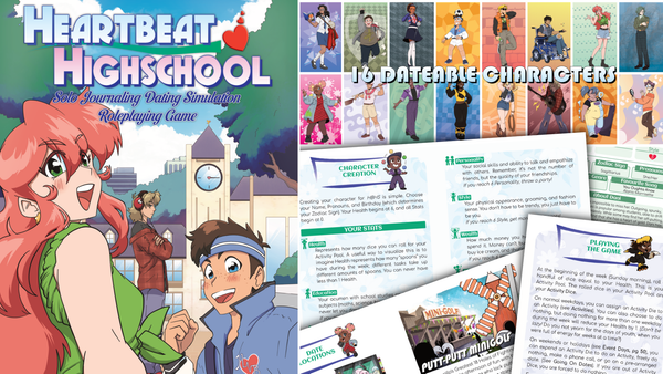 Heartbeat Highschool promo art featuring the standard edition cover on the left and page examples on the right, as well as art for all 16 dateable characters. 