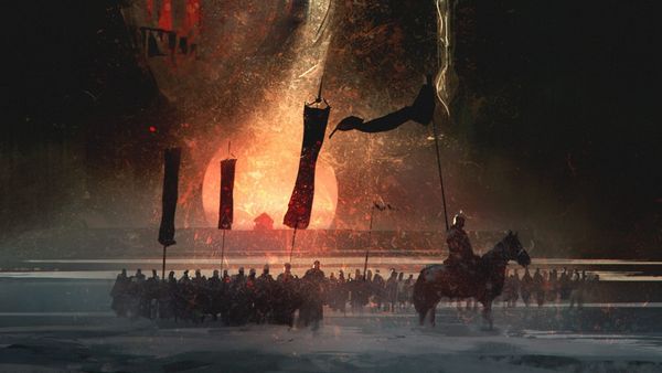 An illustration from Symbaroum of a force of soldiers carrying several banners