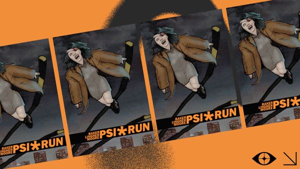 The PSI*RUN cover: a young woman in a gray dress and brown trench coat screaming as she flies through a dark sky, imposed four times diagonally against an orange background.