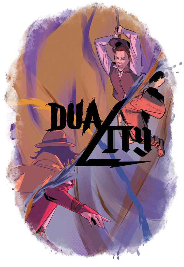 Two characters stand in front of an orange and purple shaded background, each with their clothes split along a diagonal showing Modern Horror and High Fantasy stylings.