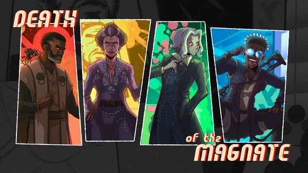 A promo image of the characters from "Death of the Magnate", the 1st season of "Genre Space". There are 4 characters, from left to right: Dr. Emenike Abara, Siobhan Krix, Slug, & Simon Clovis