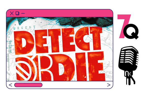 a colorful frame in pink and white with the cover of DETECT OR DIE inside