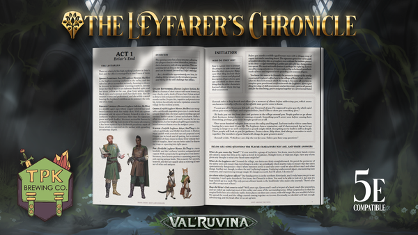 A sample two page spread with "Act 1: Briar's End" at the top of the page with art for a human, elf, and two catfolk along the bottom.