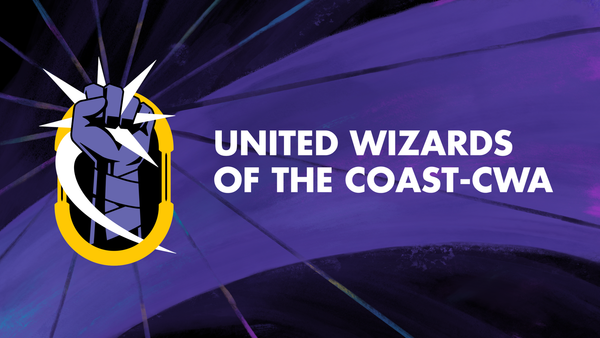 Text: United Wizards of the Coast-CWA. Logo is a purple fist gripping a white starburst, ringed in gold yellow. Backgroup is a two-tone purple slash.