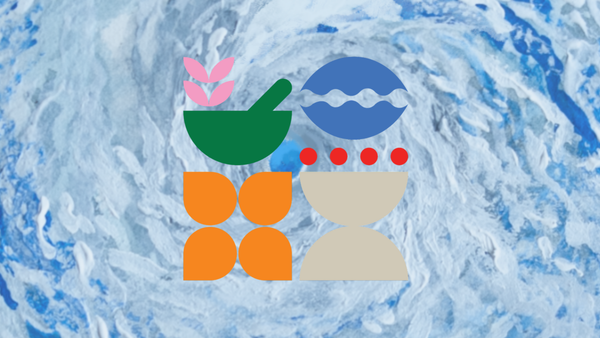 Logo for the Micronesia Climate Change Alliance in green, blue, orange, and beige, over an oil painting of Typhoon Sinlaku. It's a whorl of whites and blues and greys.