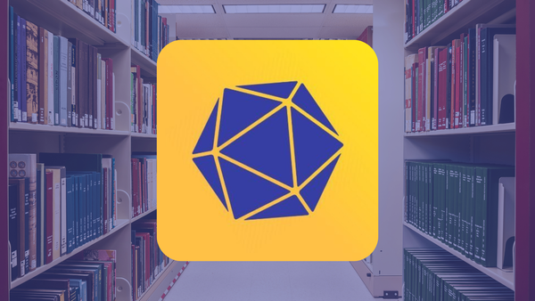 Series Seeker logo, a blue 20-sided die on a yellow background, positioned in front of a photo of an archive room full of books.