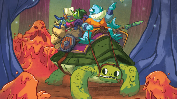 a colorful image of a goblin and fish person riding a green turtle and escaping lava monsters
