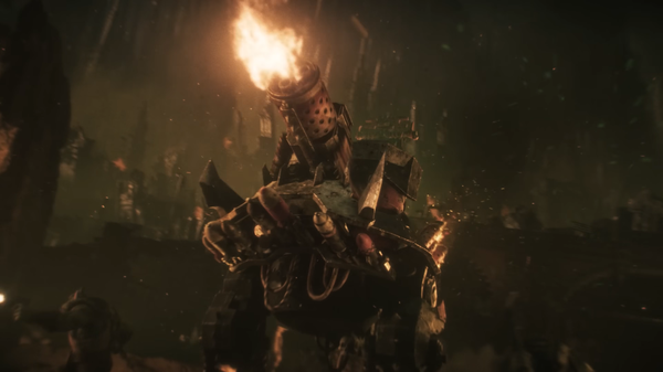 A still from a CGI animation of a big bipedal walker crudely constructed from scrap metal.