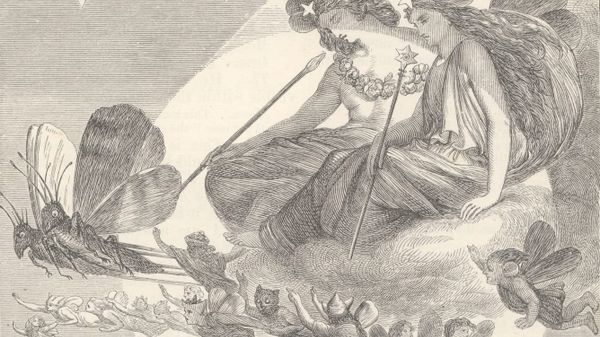 A woodcut engraving of two giant fairies; King Oberon and Queen Titania, draped in Roman togas, carried on a cloud, surrounded by smaller fairies, and led by flying crickets.