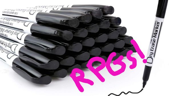 A photo of a stack of dry erase markers with "RPGs!" written on it in bright pink. Badly.